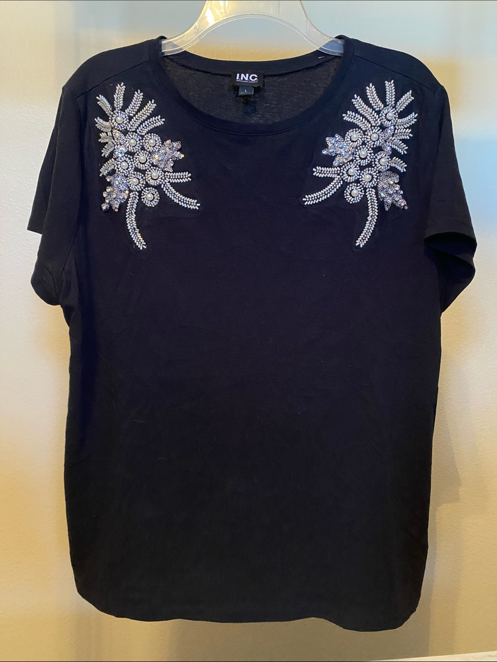 INC International Concepts Black Tee with Crystal Shoulder Embellishments